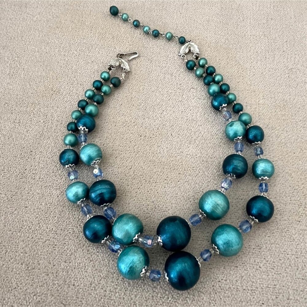 Vintage Japan Papier Mache Bead Choker: Blue AB Beads, Restrung